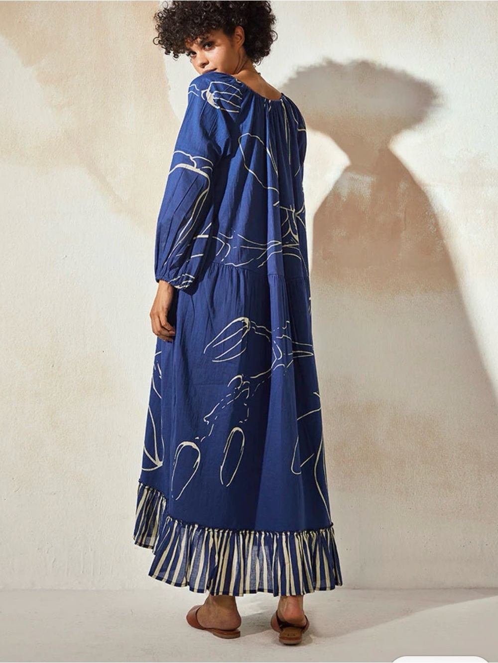 Khara Kapas Blueberry Maxi Dress with Striped Ruffle Hem Size Small Oversized - Picture 2 of 6